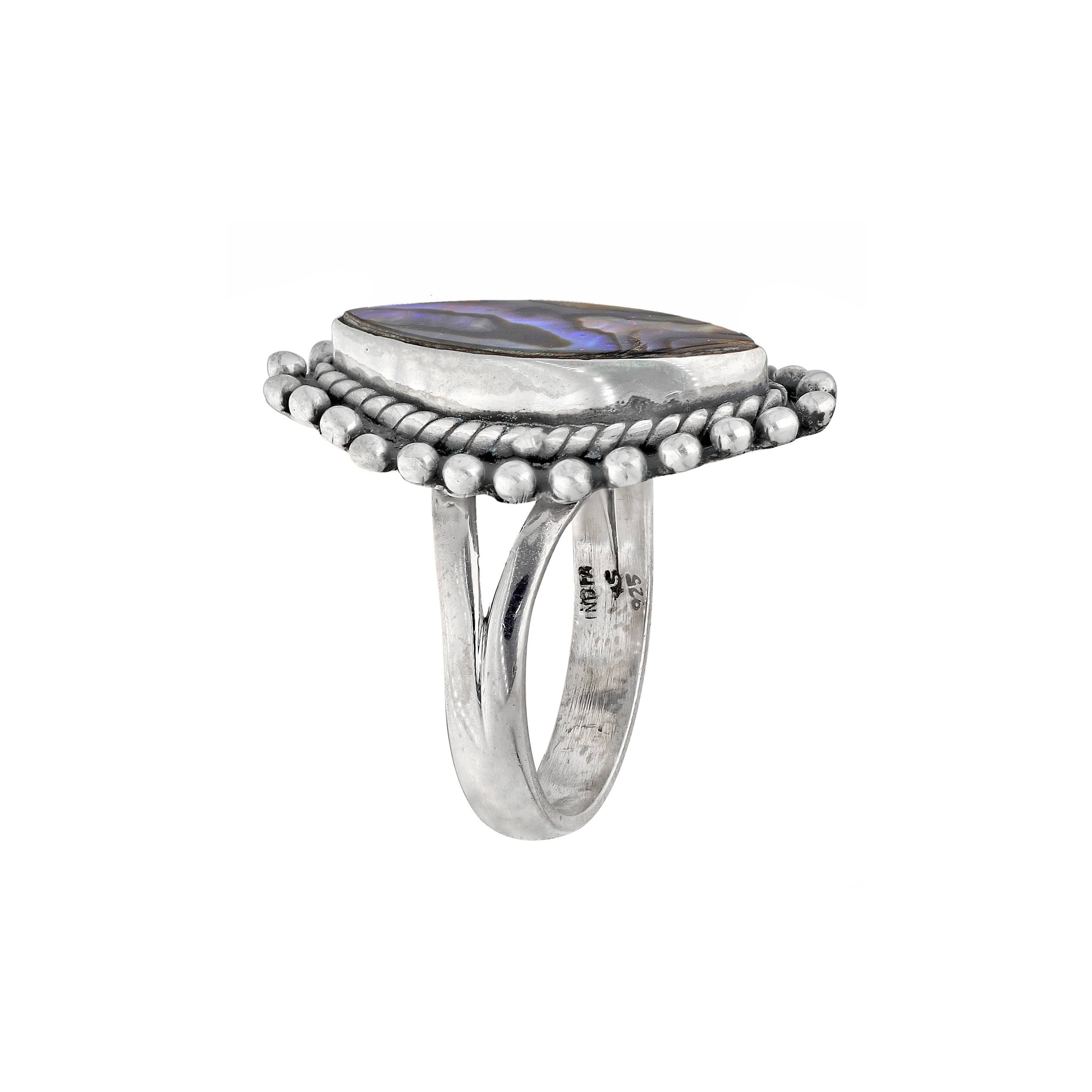 925 Sterling Silver Marquise Abalone Shell Textured Ring: 9