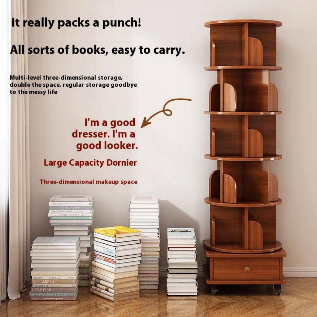 Rotating Wooden Bookcase with Storage Drawer,Swivel Design: White / 5-Tier
