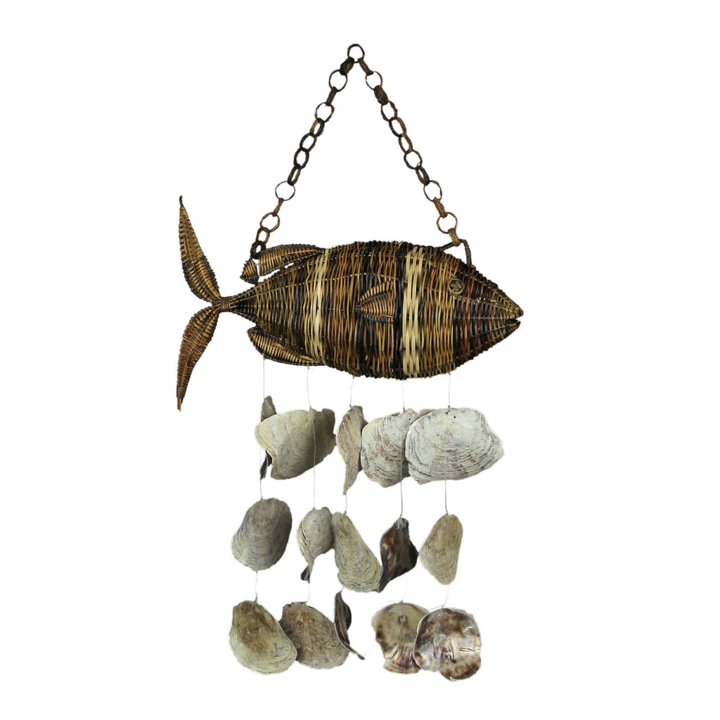 Woven Rattan Fish Shaped Capiz Shell Wind Chime 31 Inch
