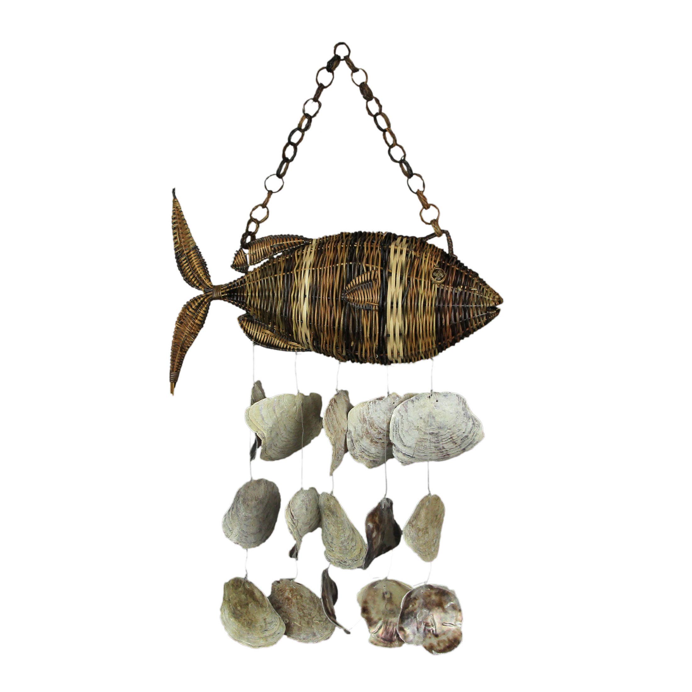 Woven Rattan Fish Shaped Capiz Shell Wind Chime 31 Inch