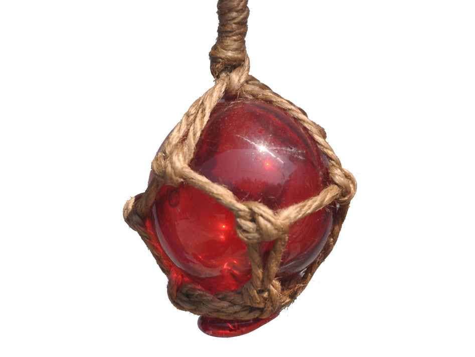 Red Japanese Glass Ball Fishing Float With Brown Netting Decoration 2"