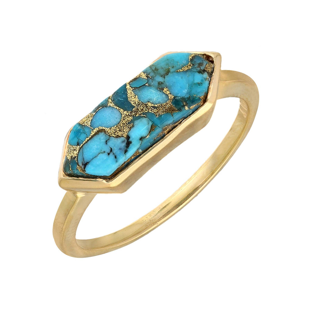 Gold Plated Over Silver Blue Copper Turquoise HexaGlow Ring: 8