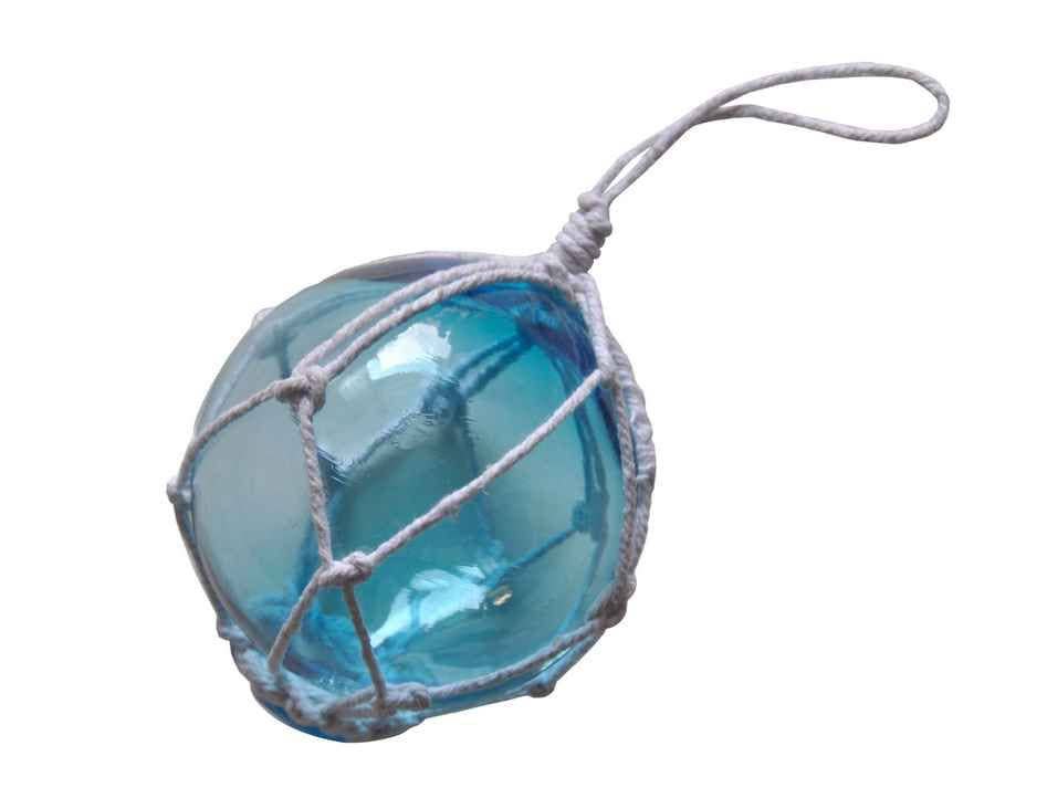 Light Blue Japanese Glass Ball Fishing Float With White Netting Decoration 3"