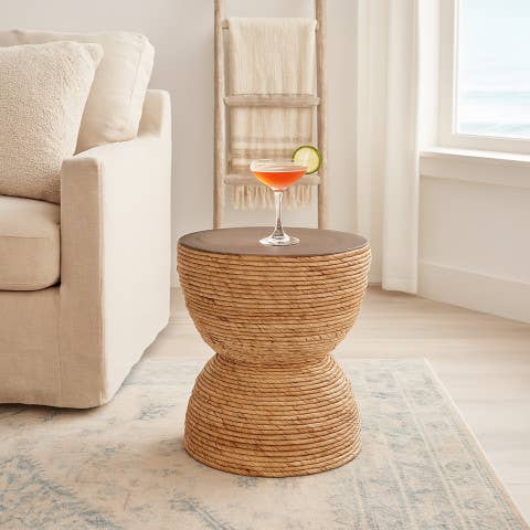 End Table - Brown Wood Woven Banana Leaf Design, 18 in.