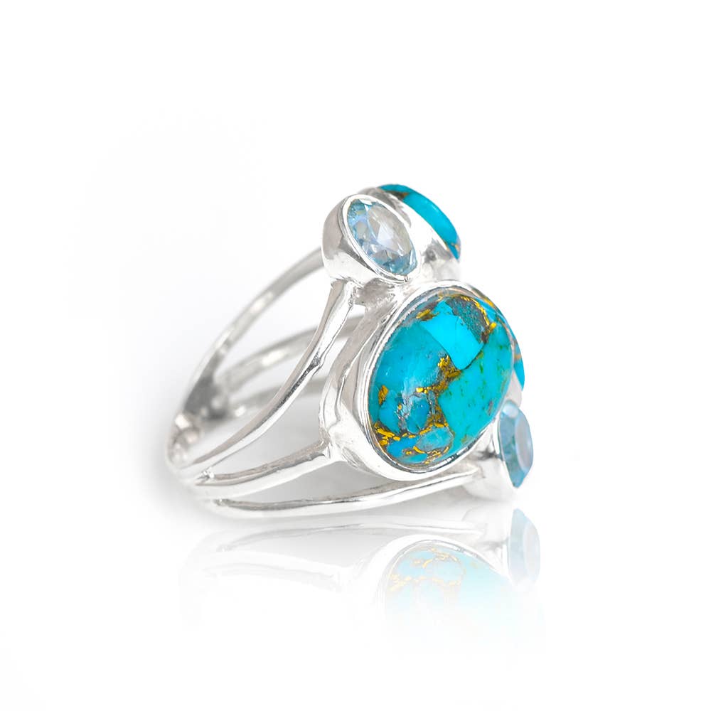 Blue Turquoise & Topaz  925 Sterling Silver Cocktail Ring: 9
