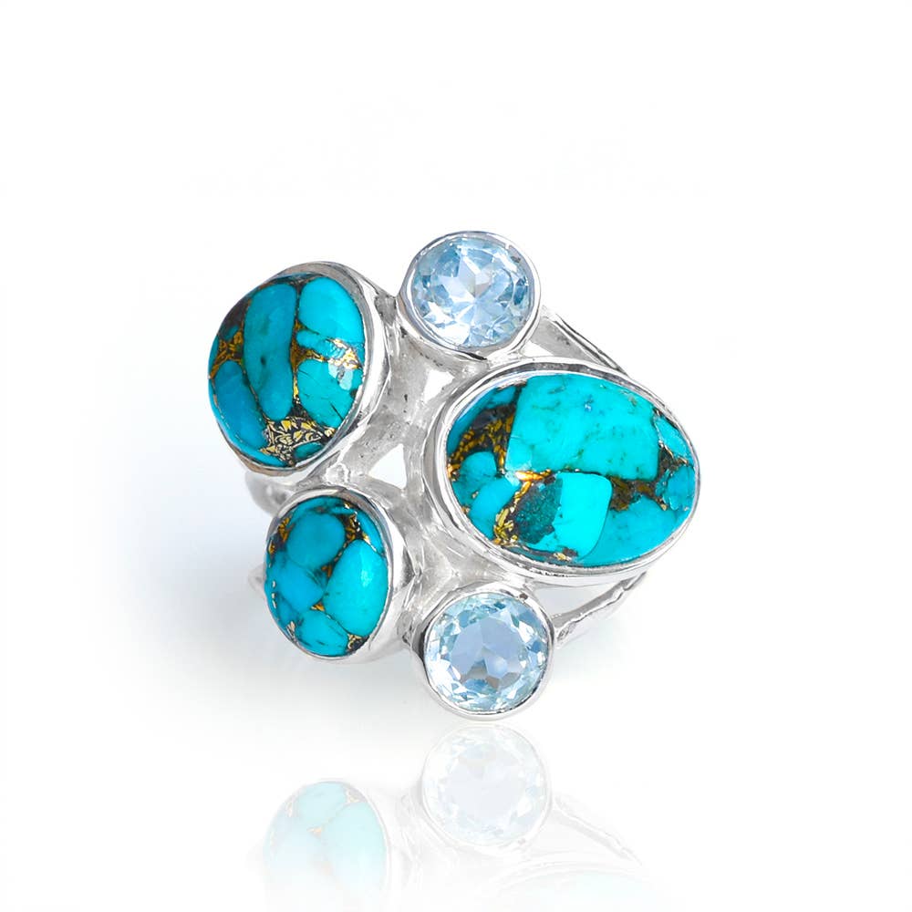 Blue Turquoise & Topaz  925 Sterling Silver Cocktail Ring: 7