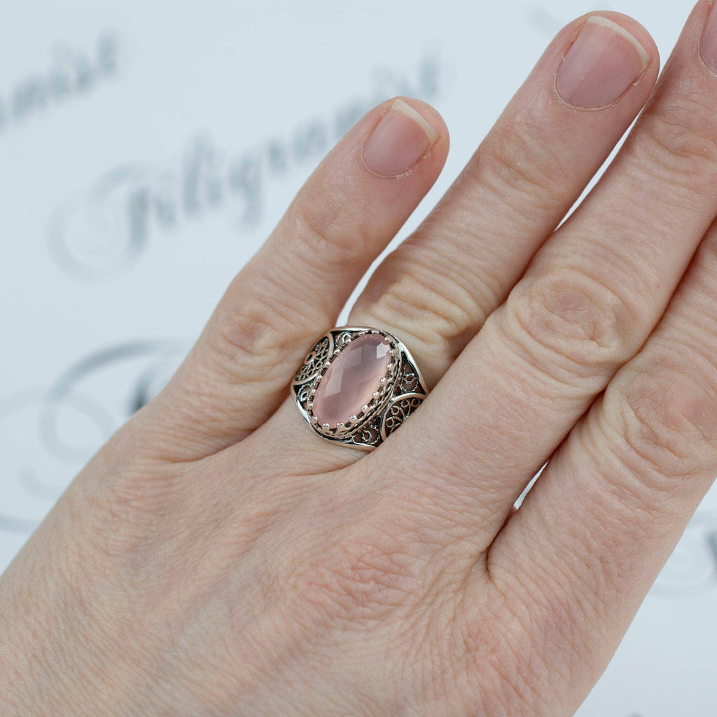 Art Pink Chalcedony Gemstone Women Silver Ring: Pink Chalcedony / 7