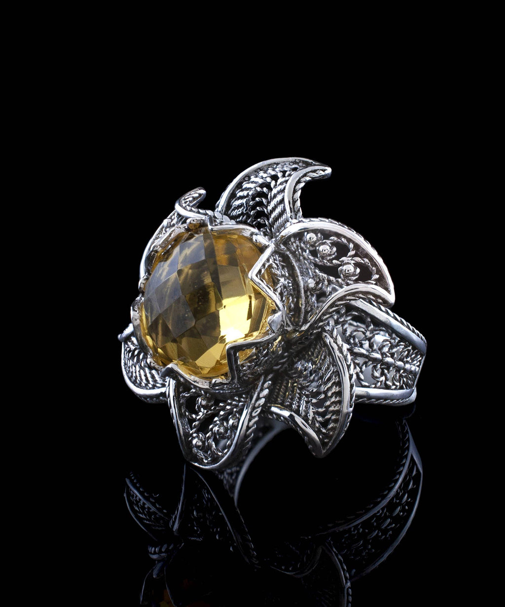 Art Lotus Flower Citrine Gemstone Women Silver Ring: 7