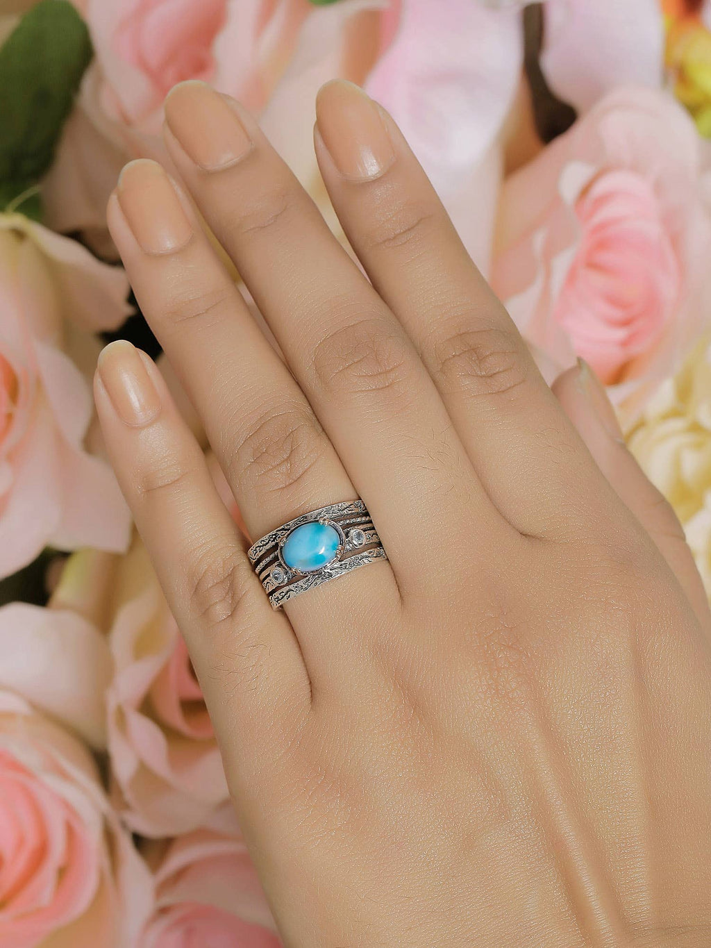 Larimar & Swiss Blue Topaz 925 Sterling Silver Antique Ring: 11