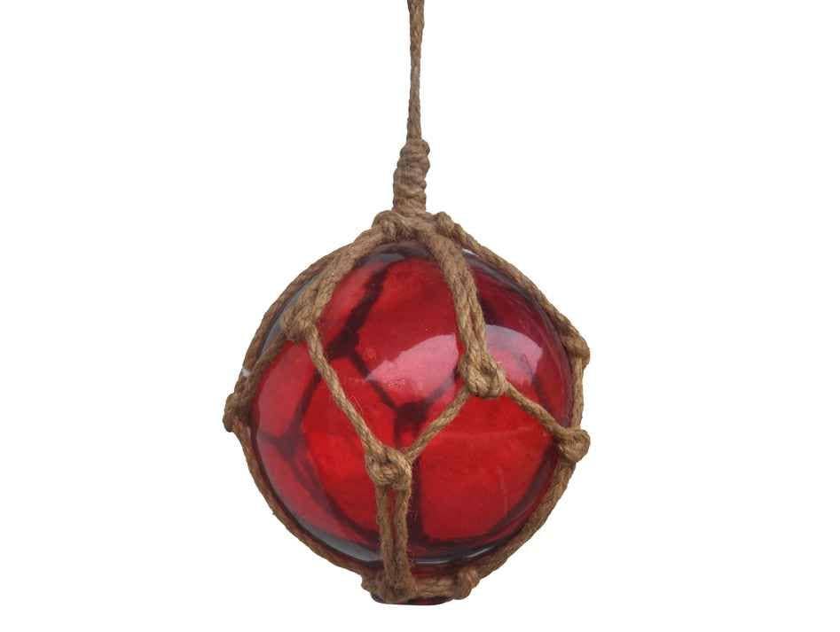 Red Japanese Glass Ball Fishing Float With Brown Netting Decoration 6"