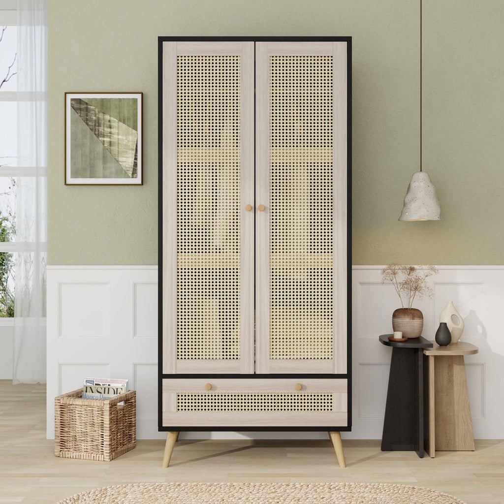 71inH Boho Rattan Armoire Wardrobe with Drawer Natural Black: Default