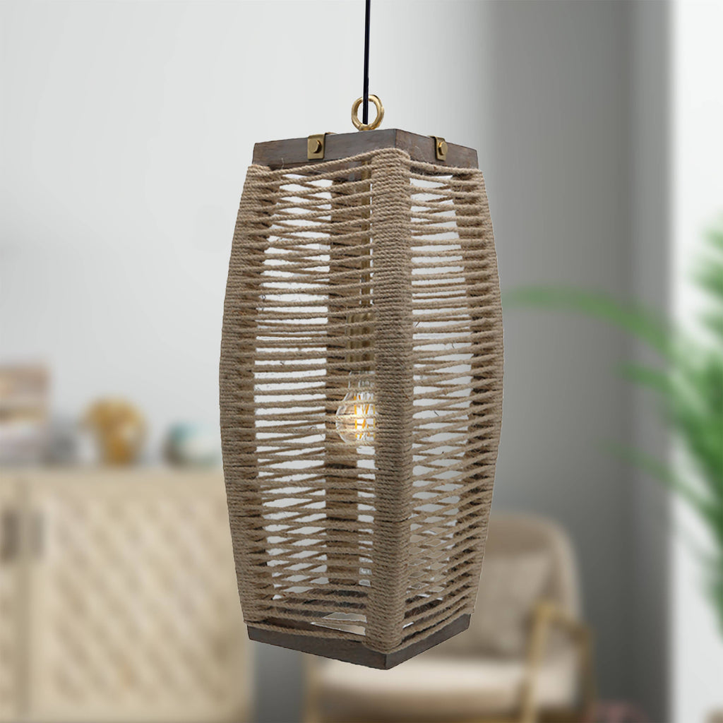 20"H Thalia Beige Cylinder 1-Light Rope Hanging Pendant Lamp