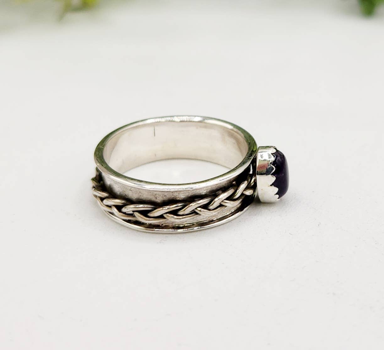 Amethyst SPINNER RING-Sterling Silver/925- Gemstone w/Braid: 7