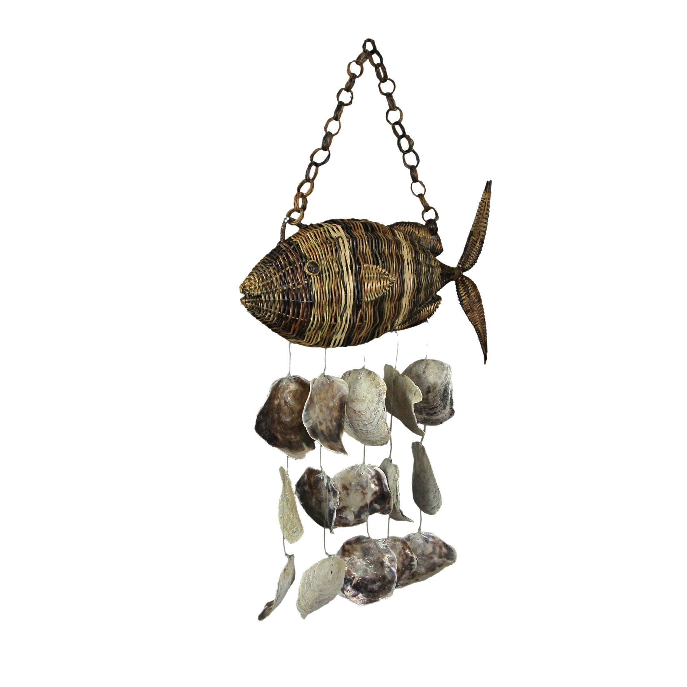 Woven Rattan Fish Shaped Capiz Shell Wind Chime 31 Inch