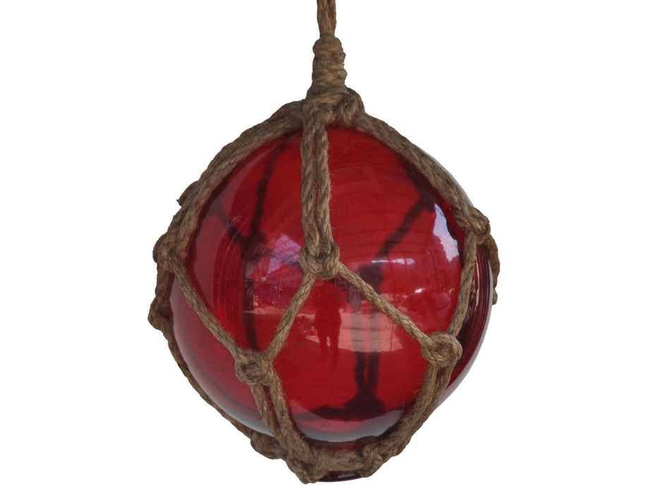 Red Japanese Glass Ball Fishing Float With Brown Netting Decoration 6"