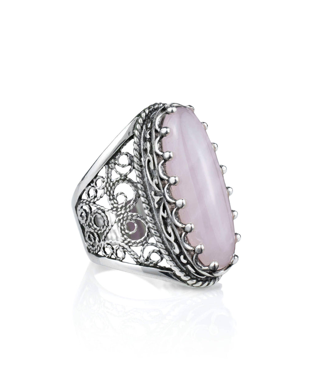 Filigree Art Rose Quartz Gemstone Women Sterling Silver Long Statement Ring: Rose Quartz / 7.5