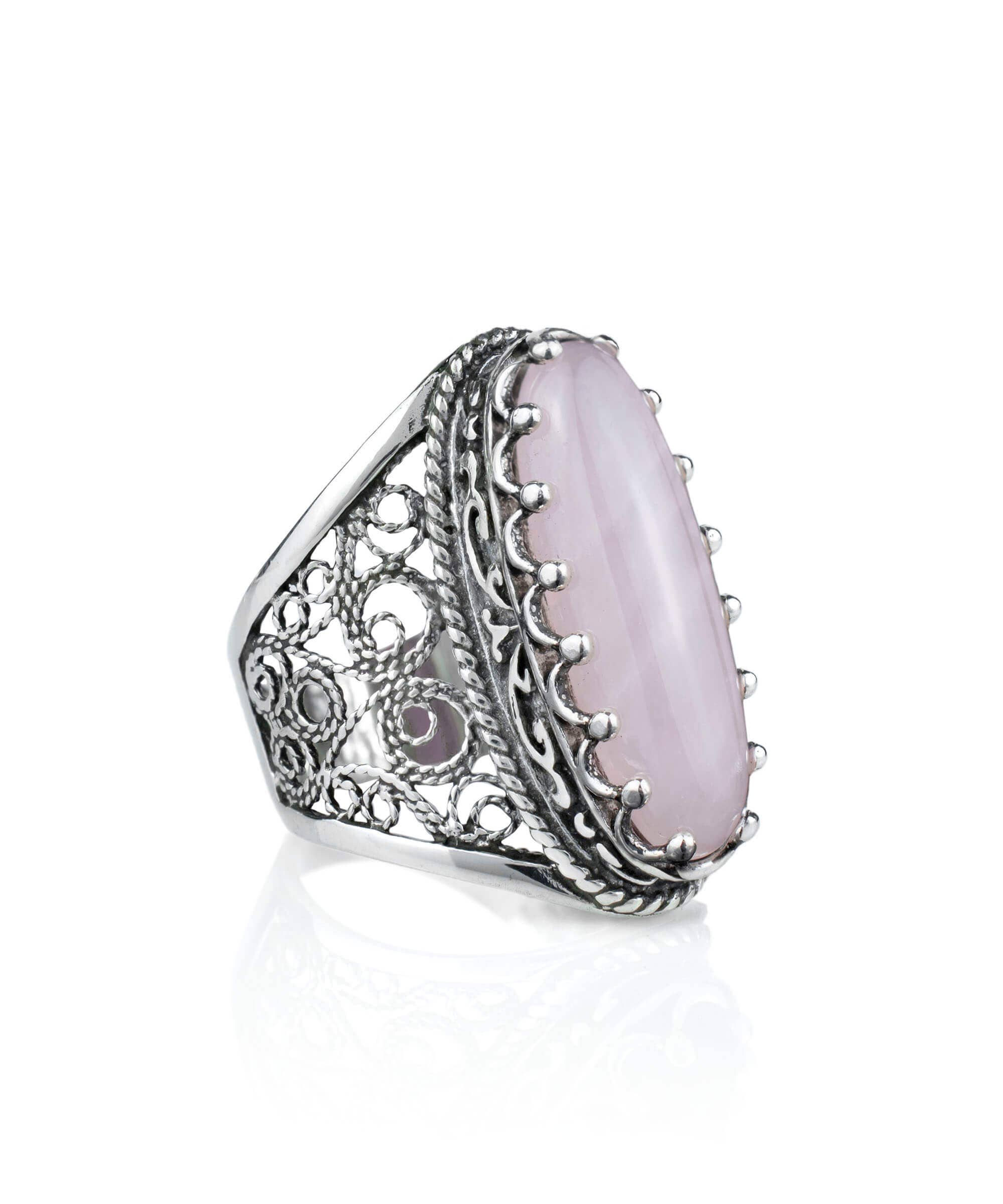 Filigree Art Rose Quartz Gemstone Women Sterling Silver Long Statement Ring: Rose Quartz / 7.5