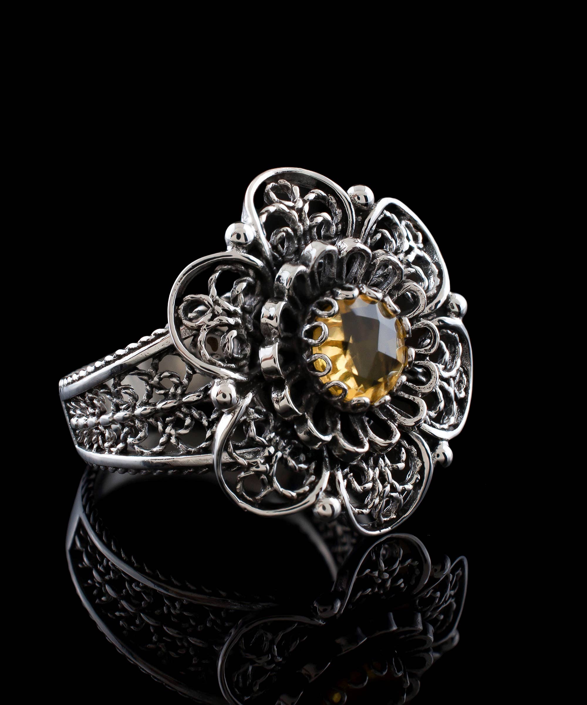 Art Citrine Gemstone Flower Women Silver Ring: 7