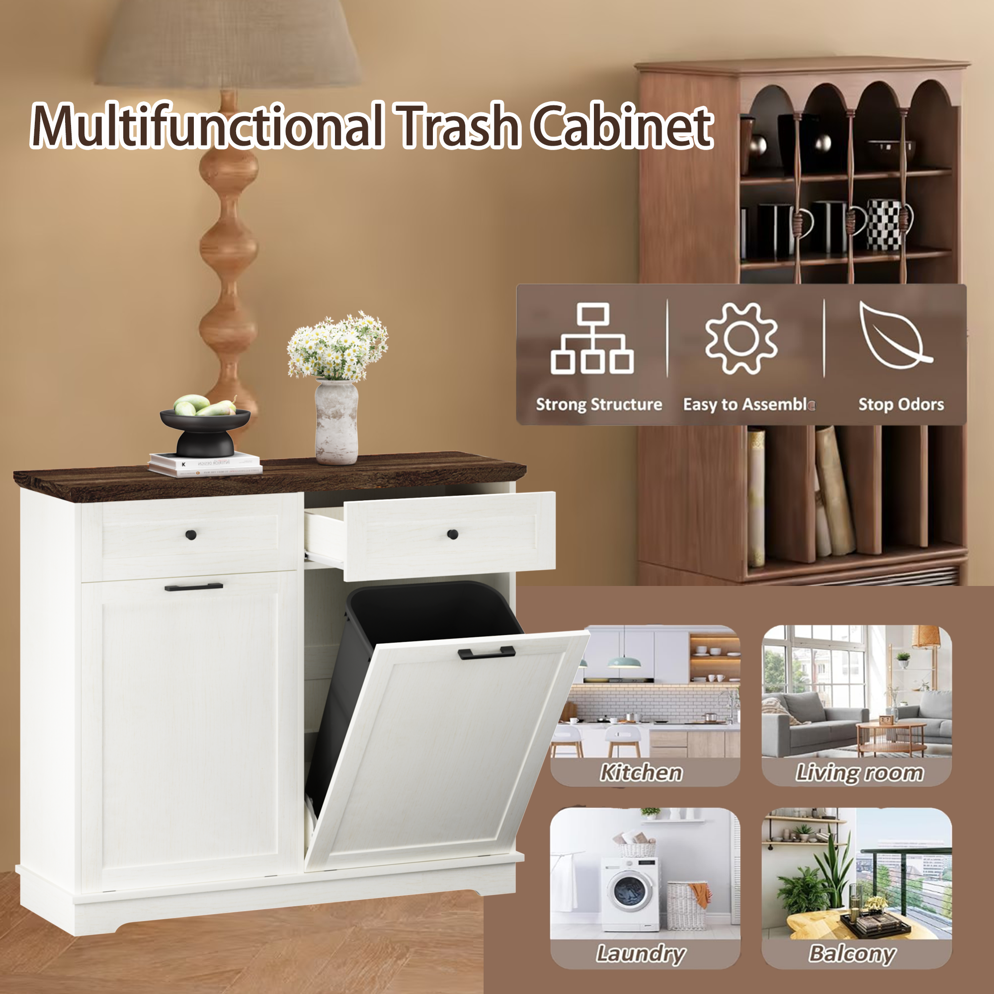 20 Gallon Double Tilt Out Trash Can Cabinet Freestanding Trash Bin Cabinet Wood Garbage Recycling Cabinet with Hideaway Drawer Pet Proof Trash Can Holder for Kitchen Living Room, Antique White: Default