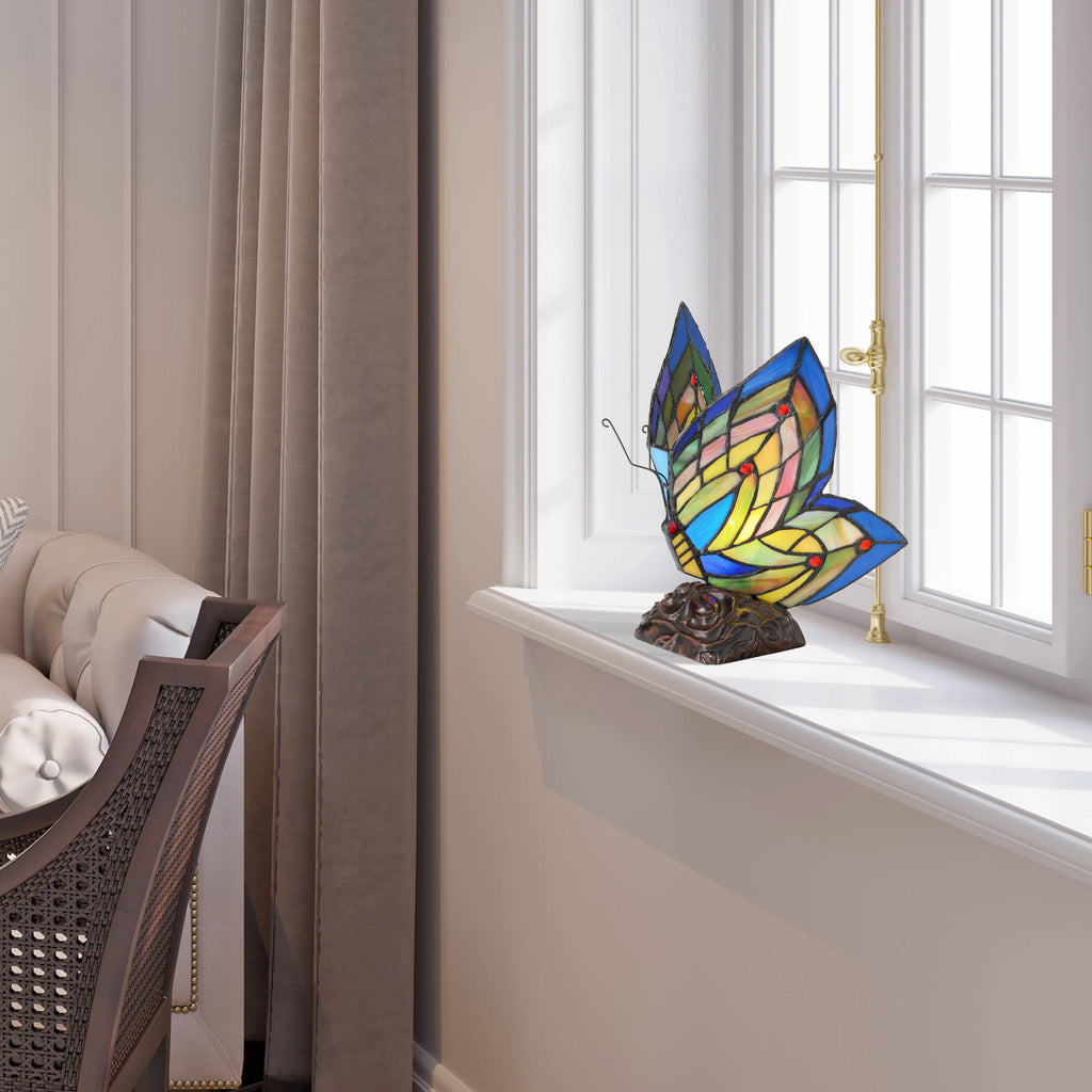 9.5" Luella Red Butterfly Stained Glass Accent Novelty Lamp
