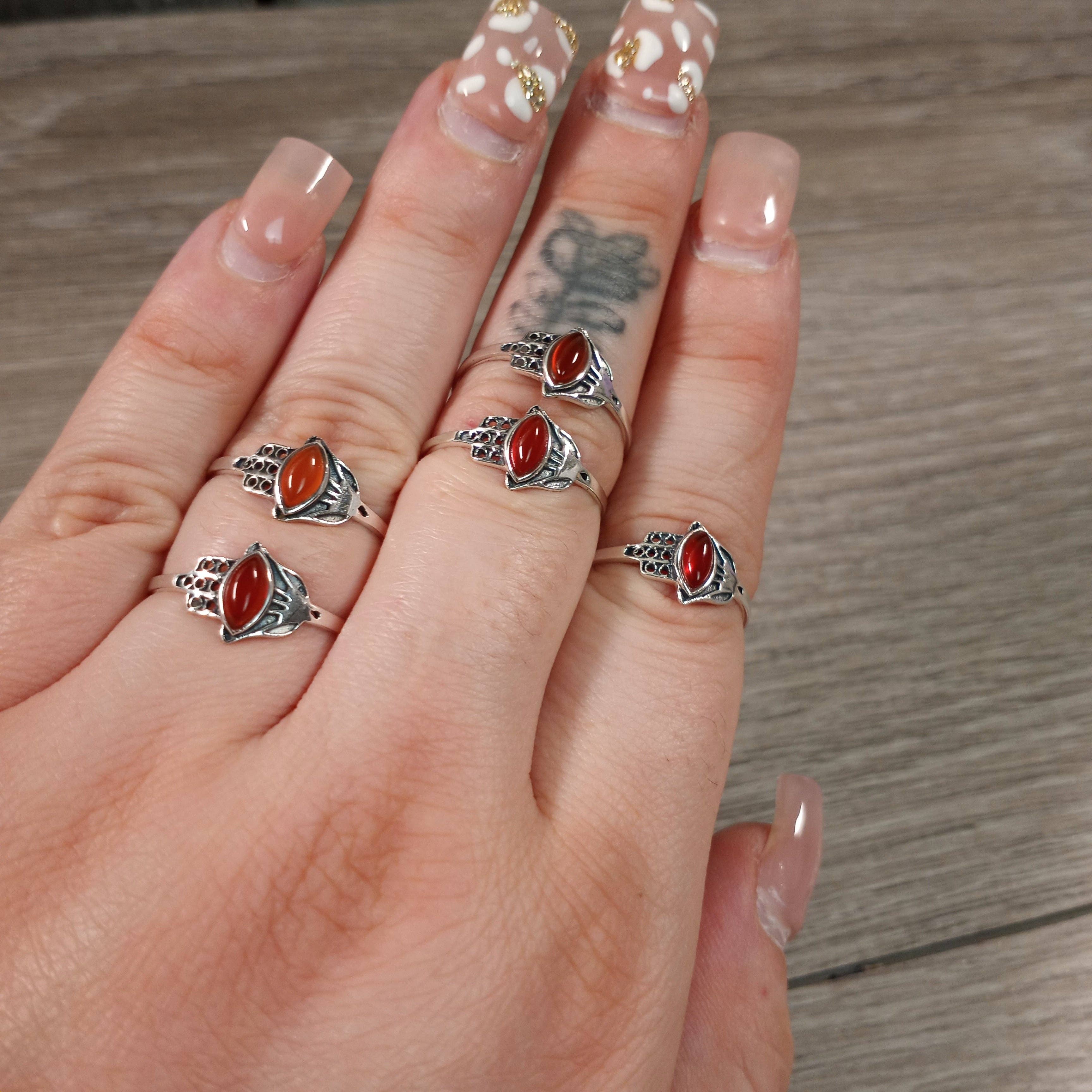 Sterling Silver Ring Hamsa Hand Boho: Carnelian / 8