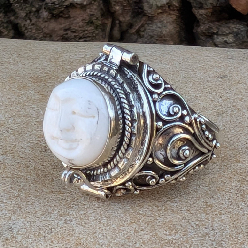 Moon Goddess Carved Bone Poison Ring in Sterling Silver: 7