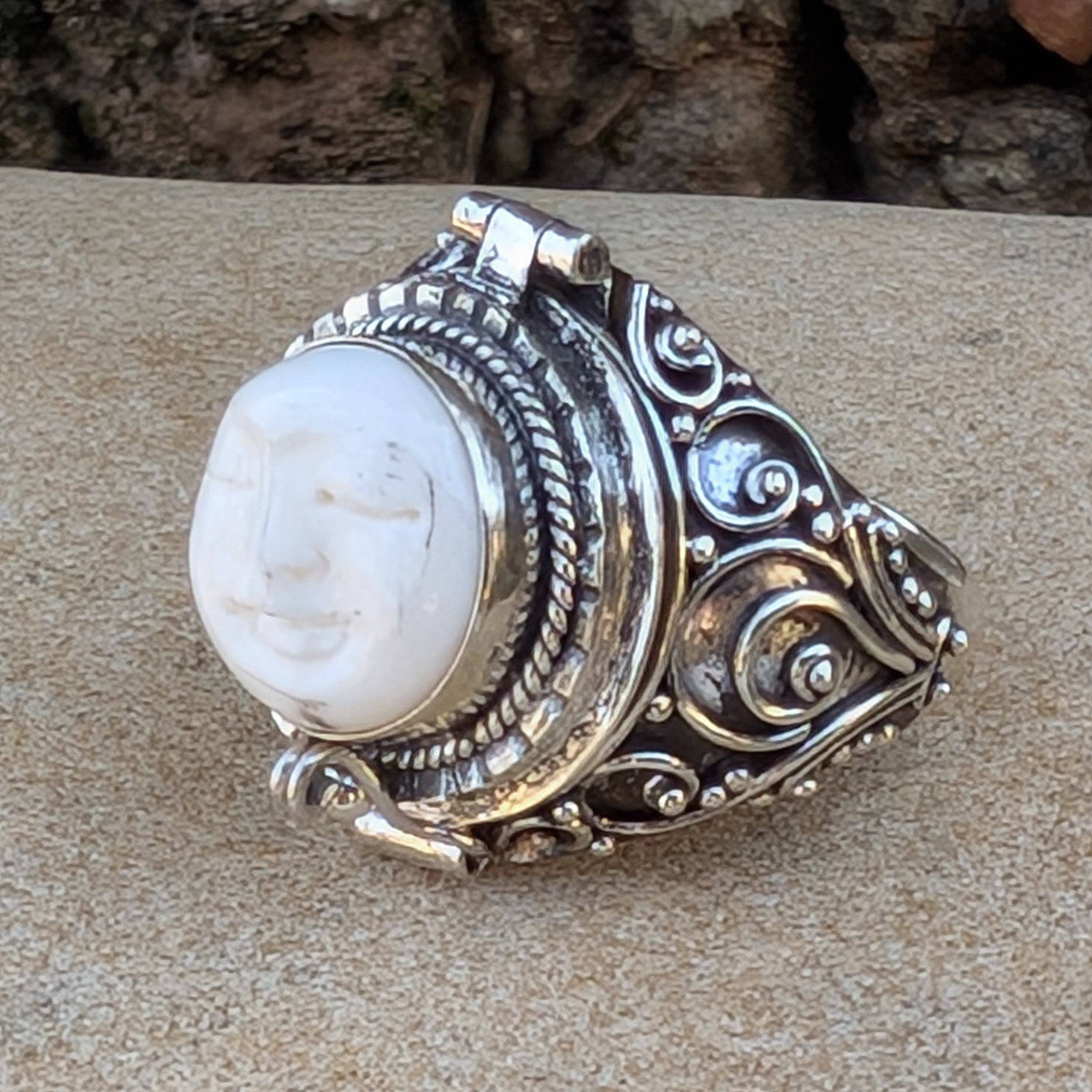 Moon Goddess Carved Bone Poison Ring in Sterling Silver: 7