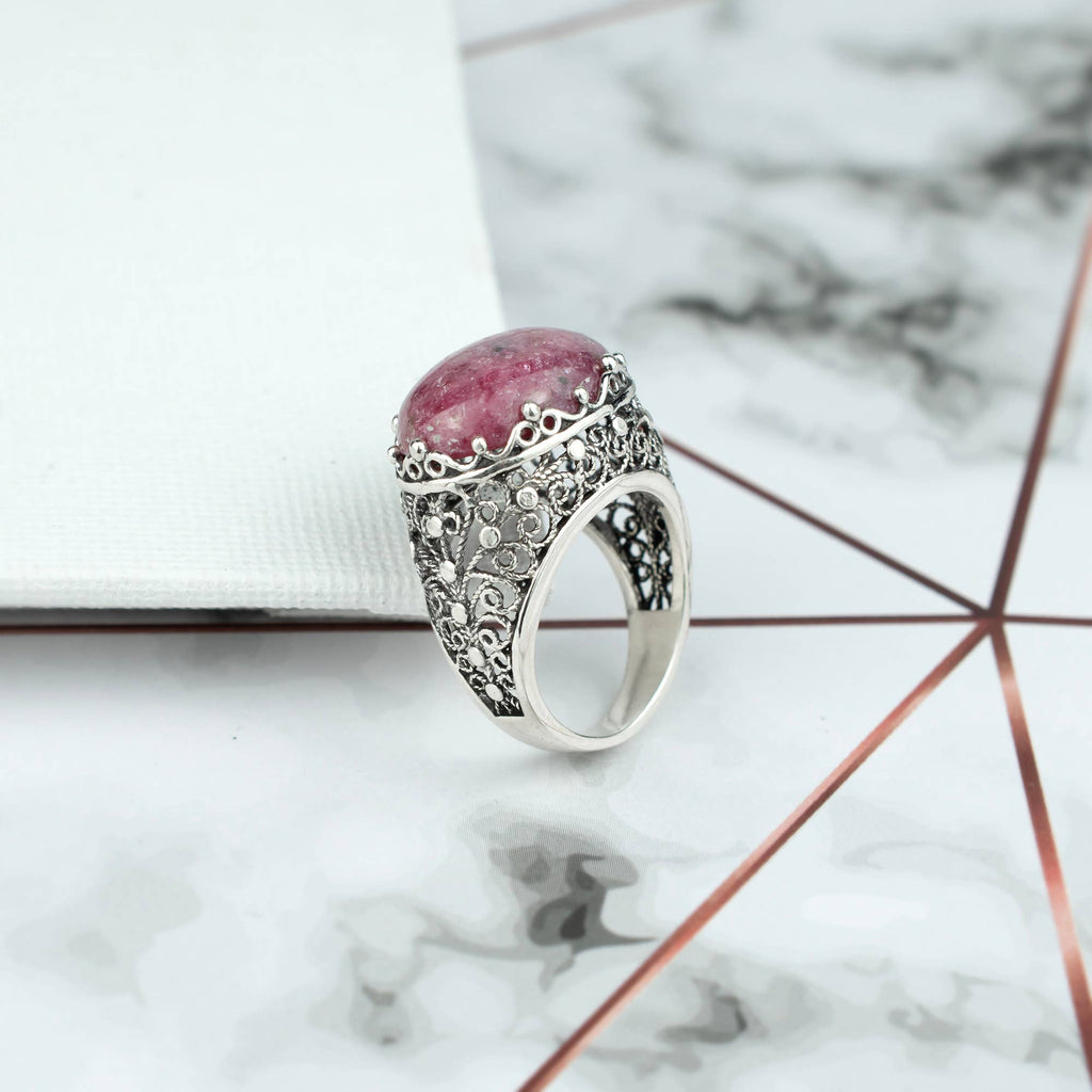 Art Rhodonite Gemstone Woman Sterling Silver Dome Ring: Rhodonite / 7