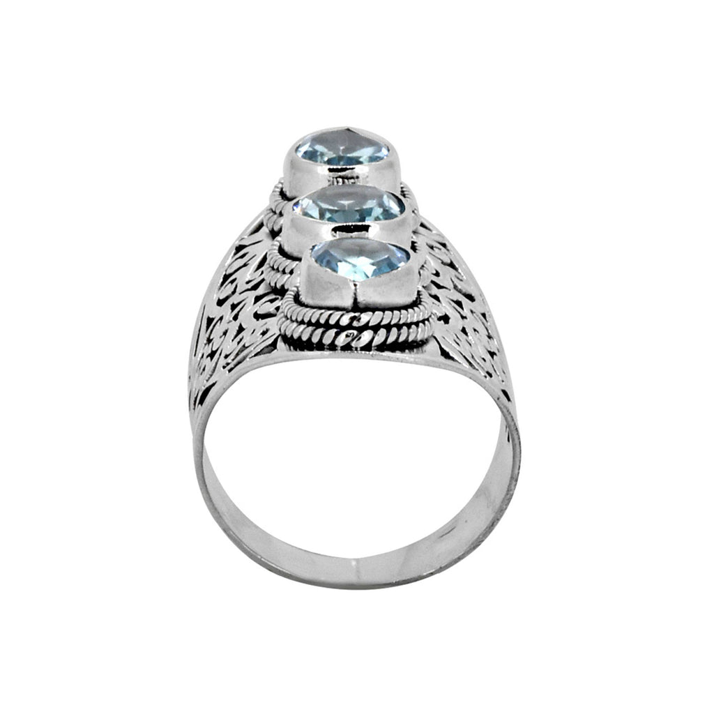925 Silver Triple Blue Topaz Gem Filigree Precision Ring: 7