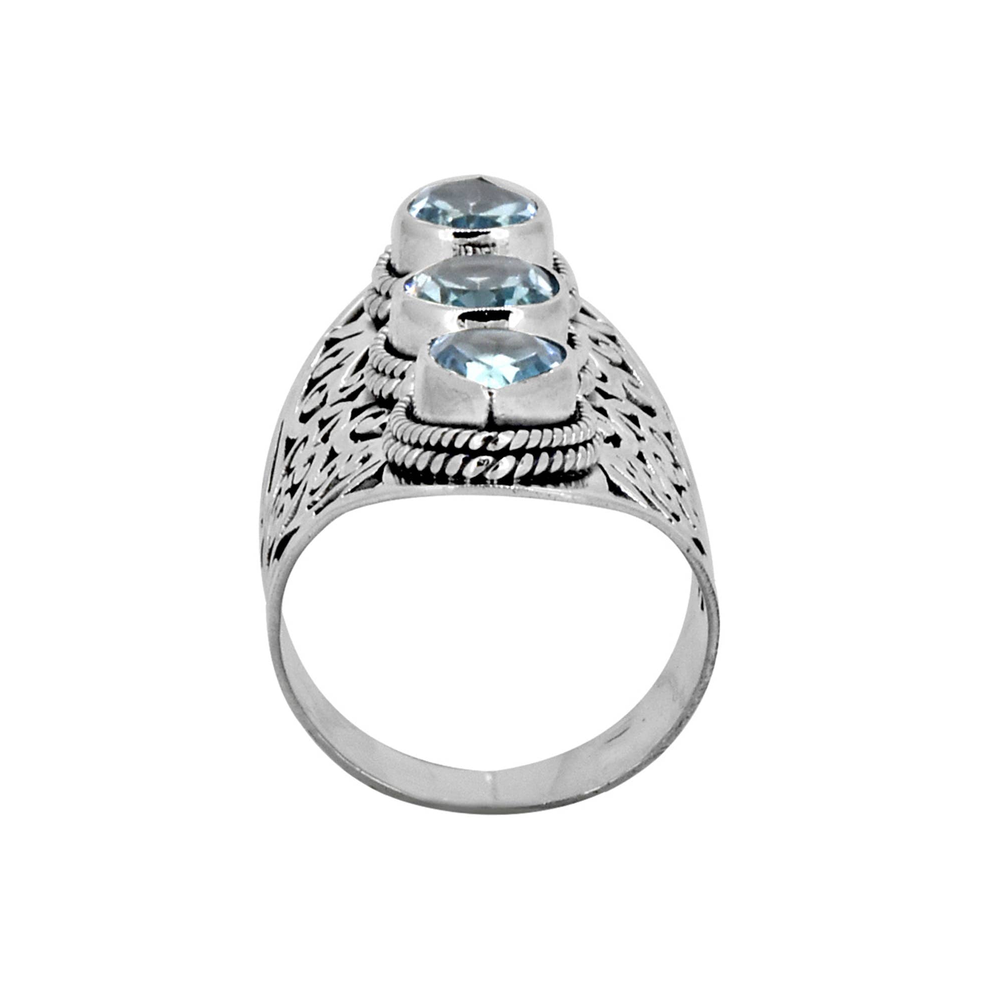 925 Silver Triple Blue Topaz Gem Filigree Precision Ring: 9