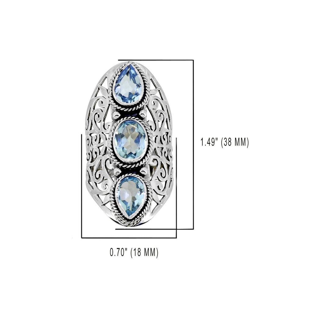 925 Silver Triple Blue Topaz Gem Filigree Precision Ring: 9