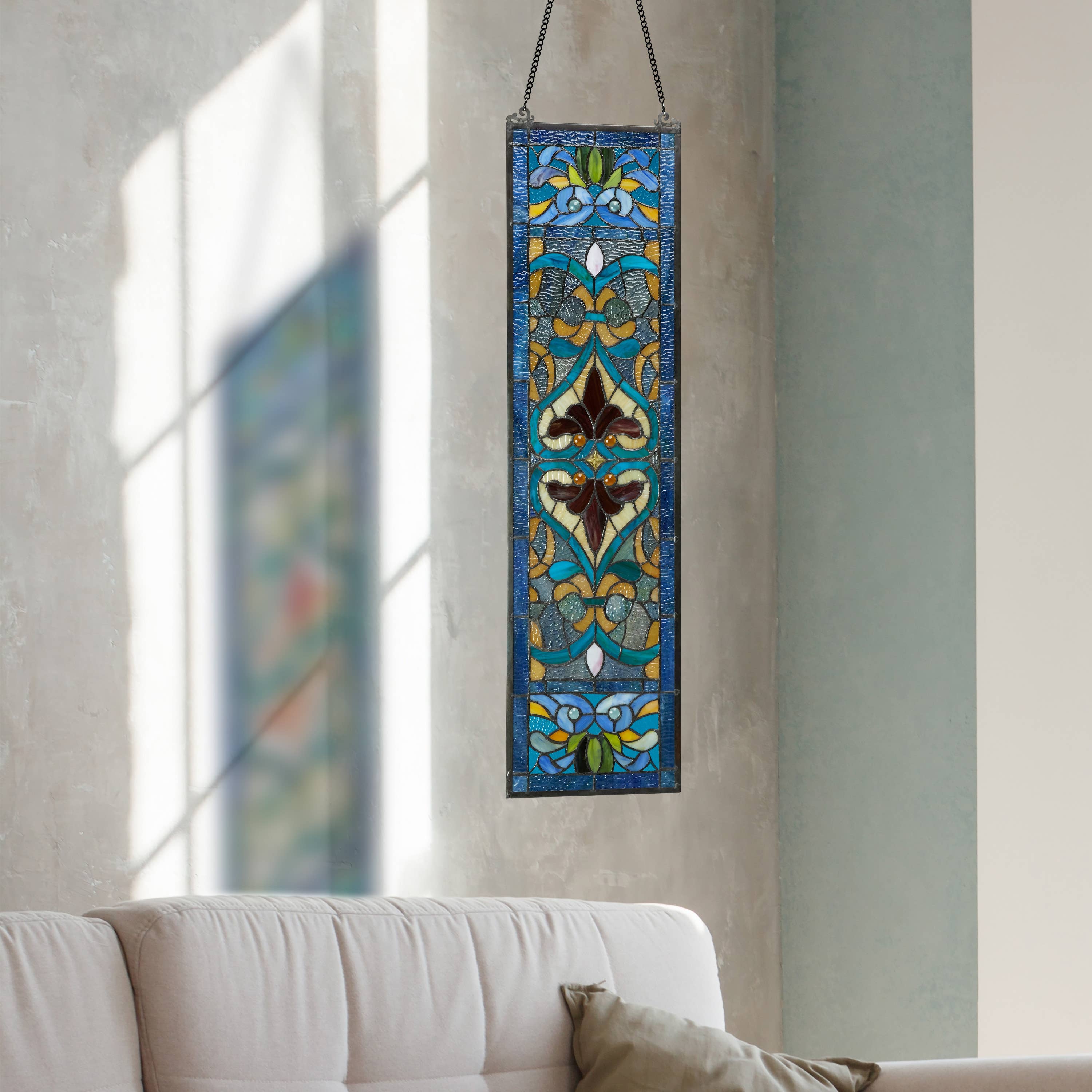 36" Lani Victorian Fleur-De-Lis Stained Glass Window Panel: Blue