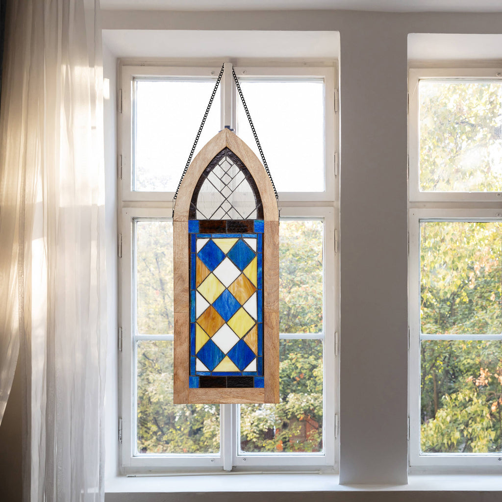 36"H Victorian Checkerboard Stained Glass Window Panel