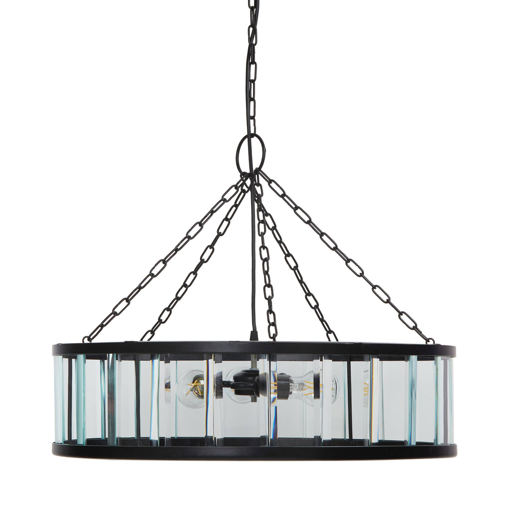 25"W 3-Light Black Metal and Glass Hanging Pendant Lamp