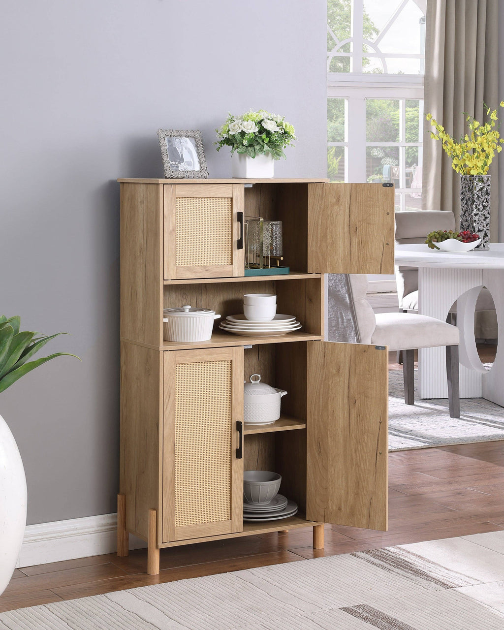 Mid-Century Modern 4-Door Storage Cabinet with Rattan Doors