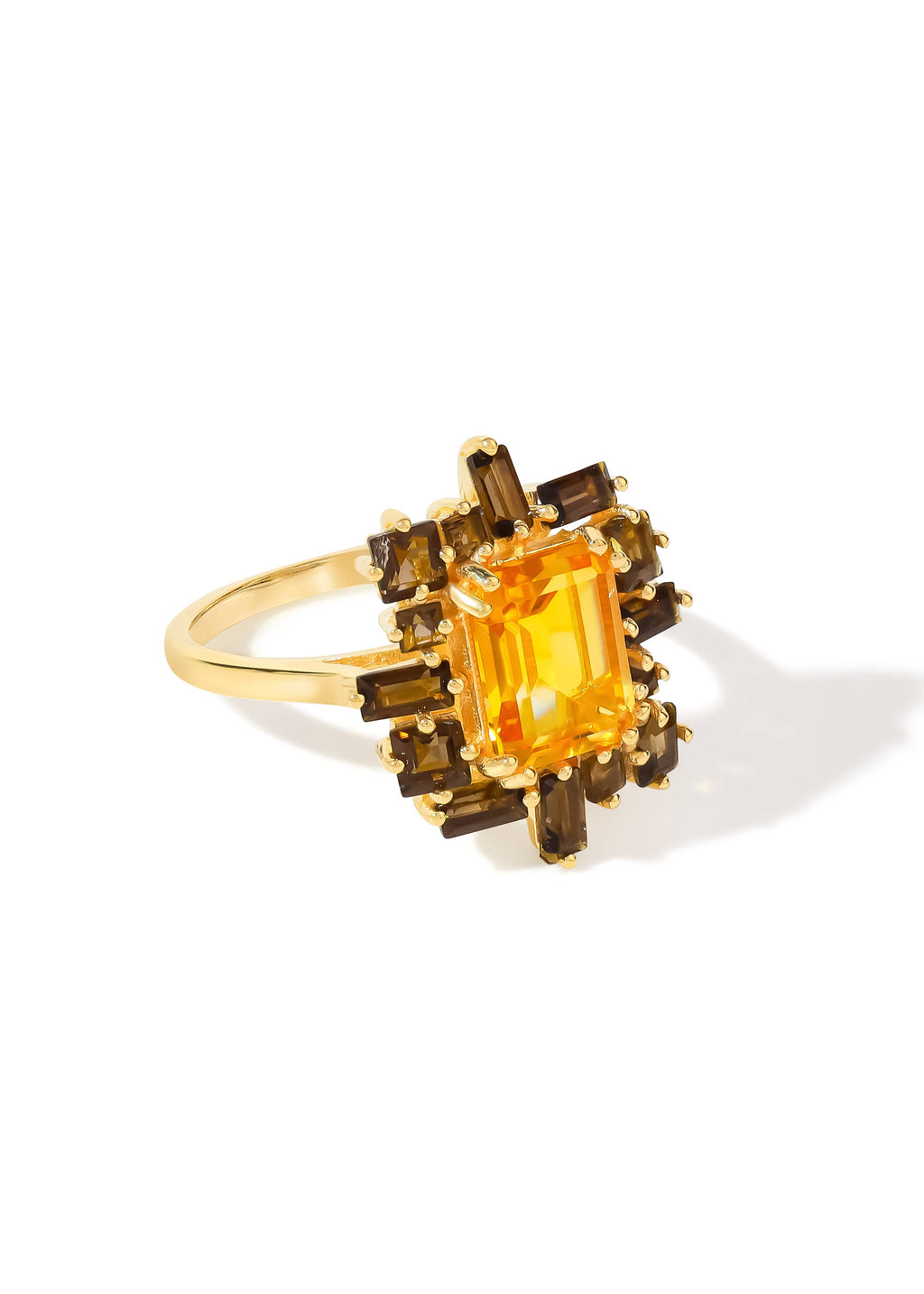 Gold Plated Silver Citrine & Smoky Quartz Halo Ring: 7
