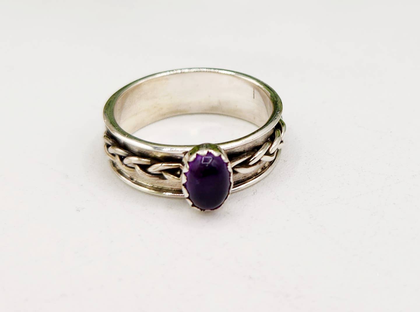 Amethyst SPINNER RING-Sterling Silver/925- Gemstone w/Braid: 7