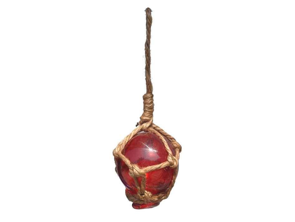 Red Japanese Glass Ball With Brown Netting Christmas Ornament 2"