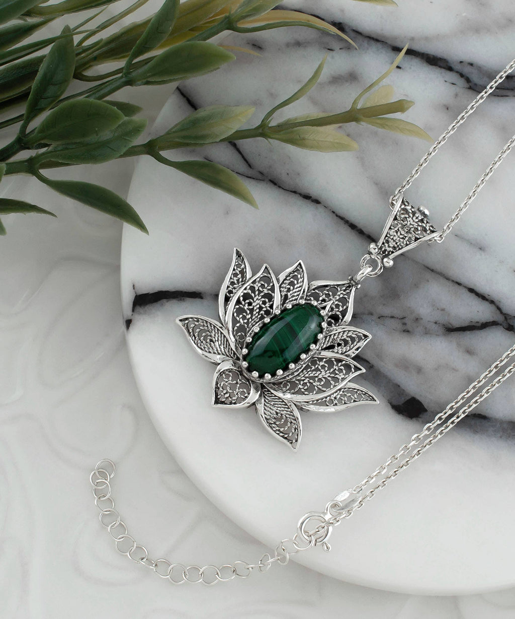 Sterling Silver Filigree Lotus Malachite Gemstone Woman Pendant Necklace: With 20" Silver Chain