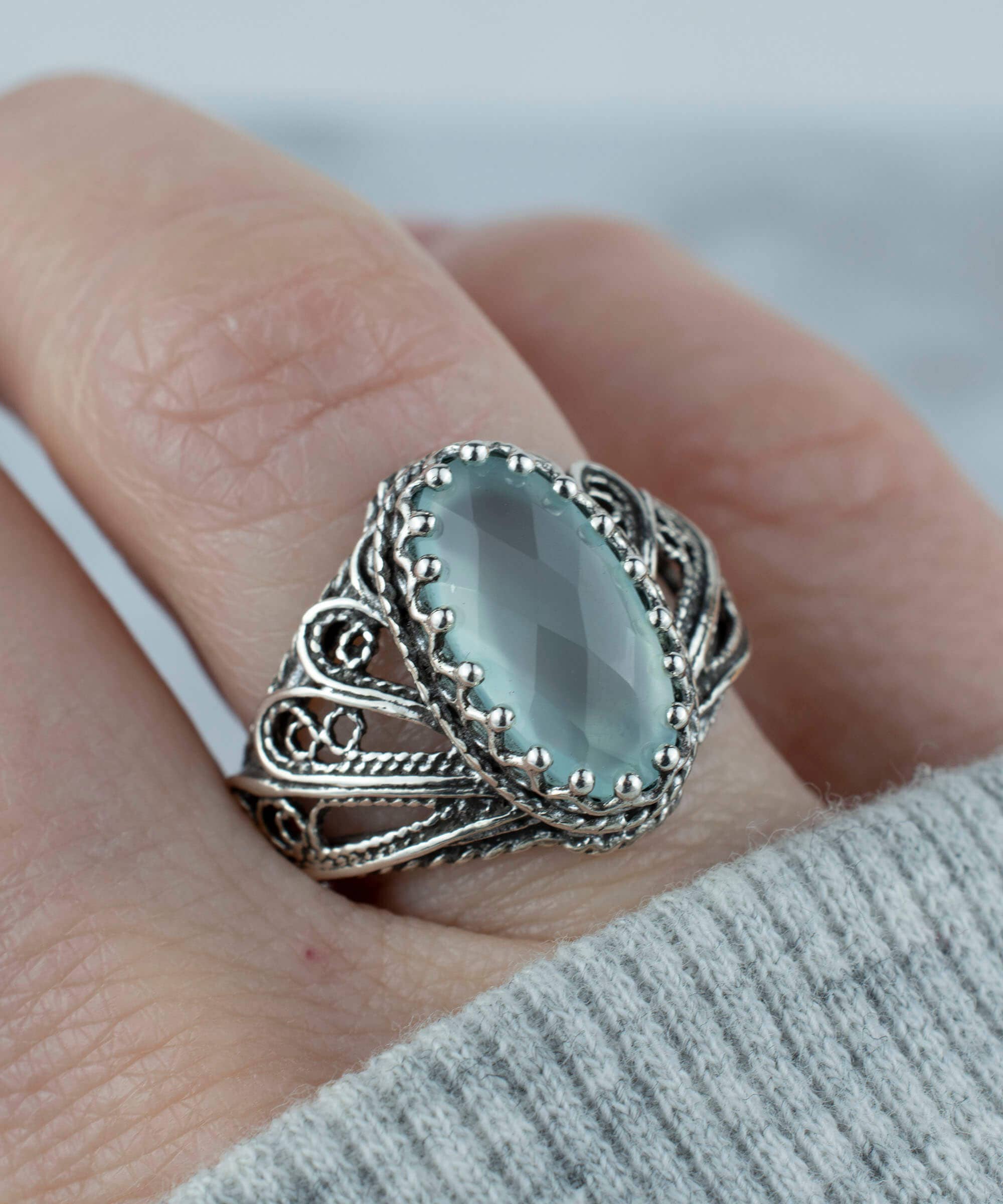 Filigree Art Aqua Chalcedony Gemstone Angel Wings Women Sterling Silver Ring: Aqua Chalcedony / 7