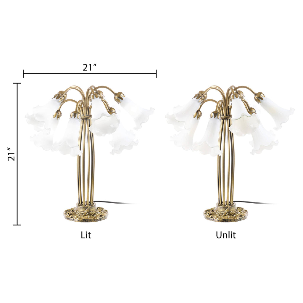 21" Lily 10-Light Antique Brass and White Glass Table Lamp
