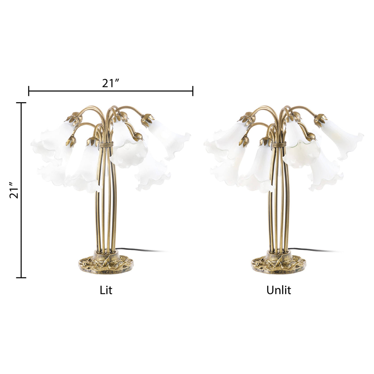 21" Lily 10-Light Antique Brass and White Glass Table Lamp