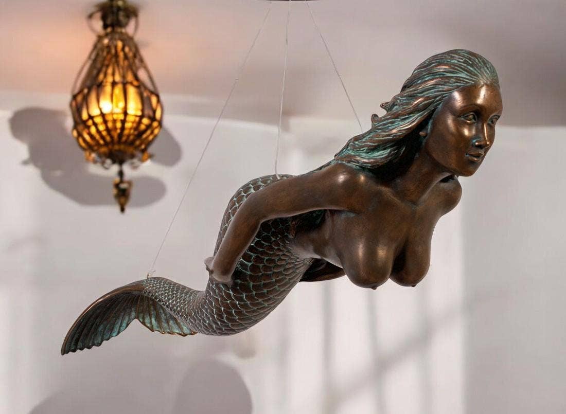 48"L Swimming Mermaid Hanging Sculpture Verde Bronze