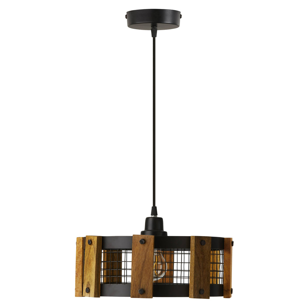 12"W Black Painted Metal Pendant Light with Wood Shade