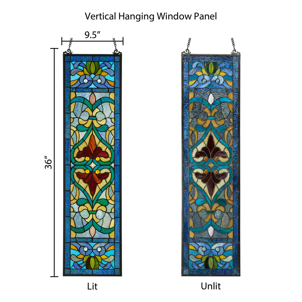 36" Lani Victorian Fleur-De-Lis Stained Glass Window Panel: Blue