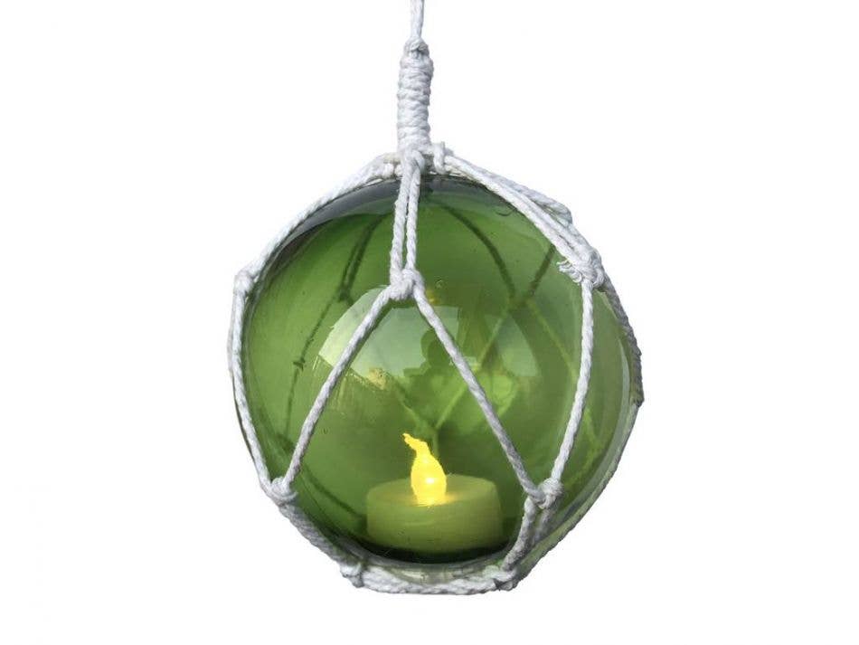 LED Lighted Green Japanese Glass Ball Fishing Float with White Netting Christmas Tree Ornament 4"