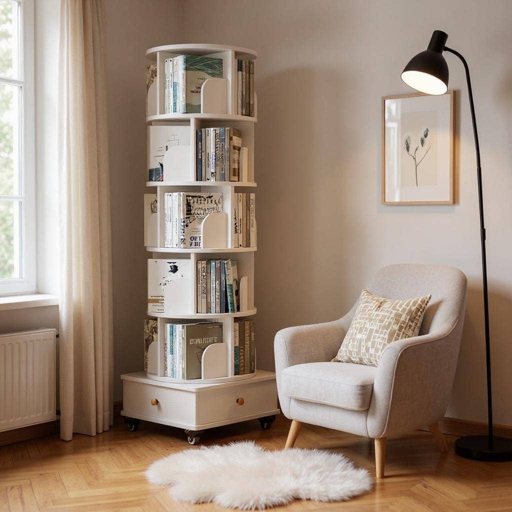 Rotating Wooden Bookcase with Storage Drawer,Swivel Design: White / 5-Tier
