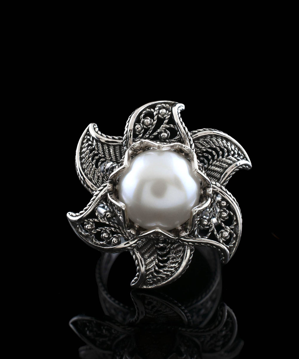 Art Lotus Flower Fresh Water Pearl Women Silver Ring: 8