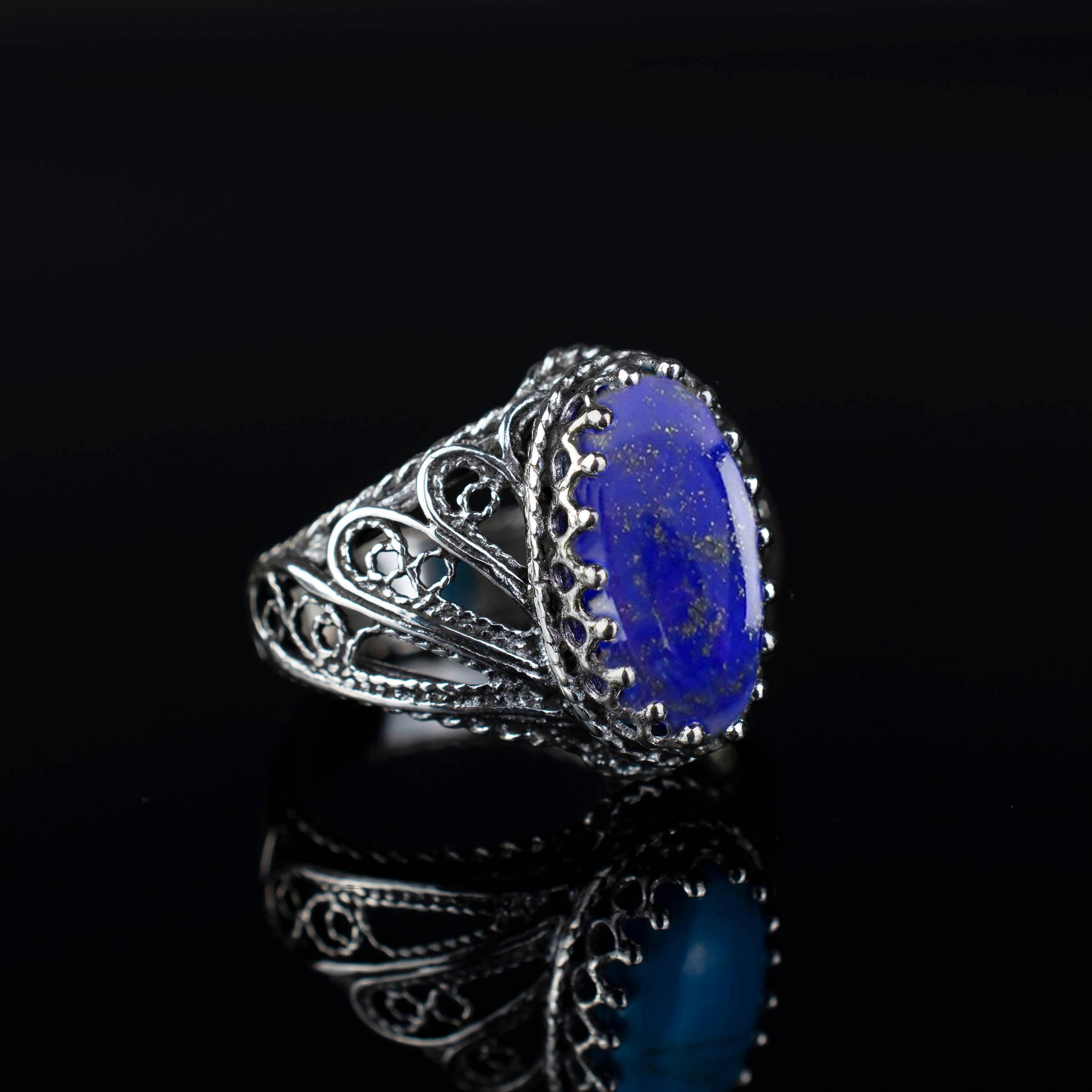 Art Lapis Lazuli Gemstone Angel Wings Women Silver Ring: 7