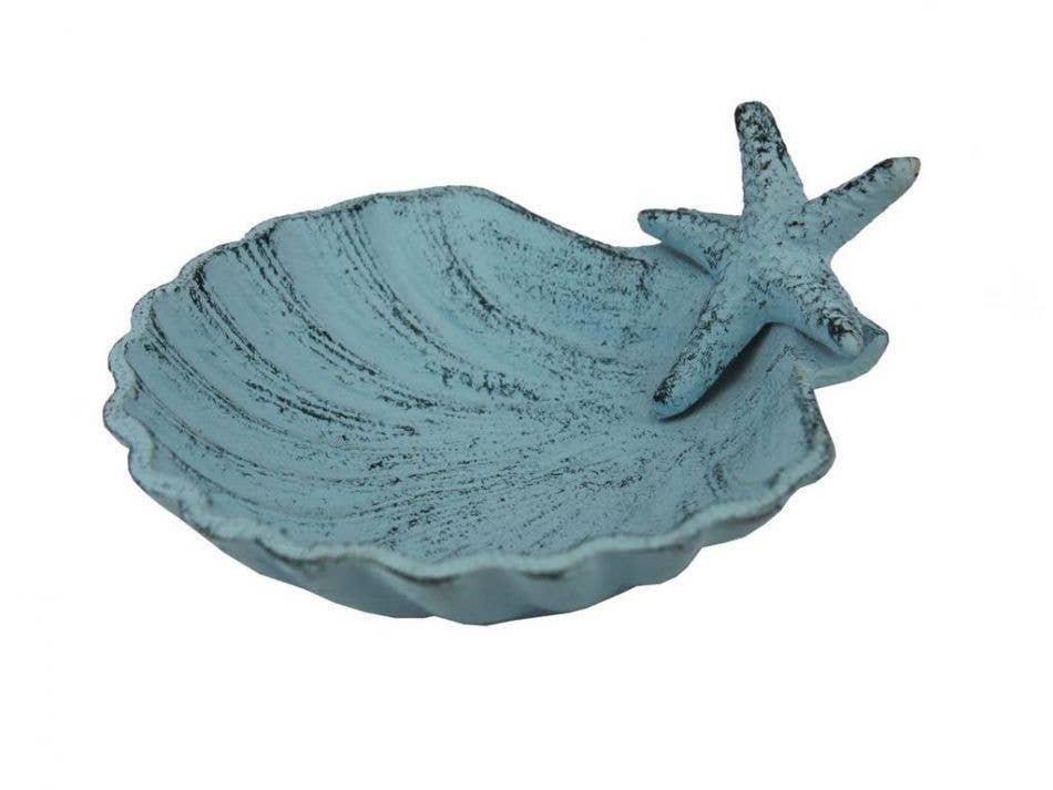 Dark Blue Whitewashed Cast Iron Shell With Starfish Decorative Bowl 6"